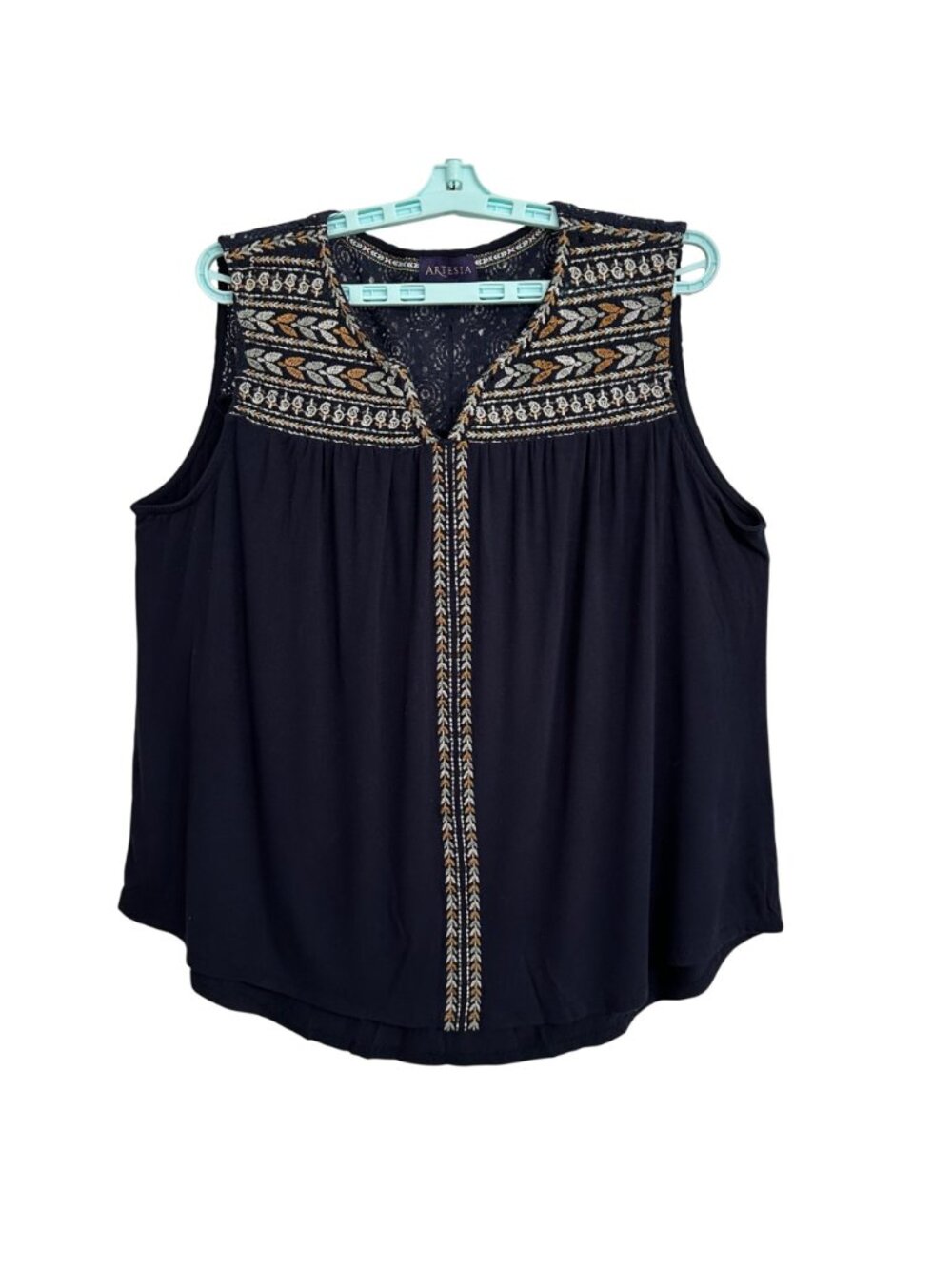 Artesia Navy Blue Embroidered Sleeveless Top XXL Womens Boho Lace Yoke Hippie - Picture 2 of 8